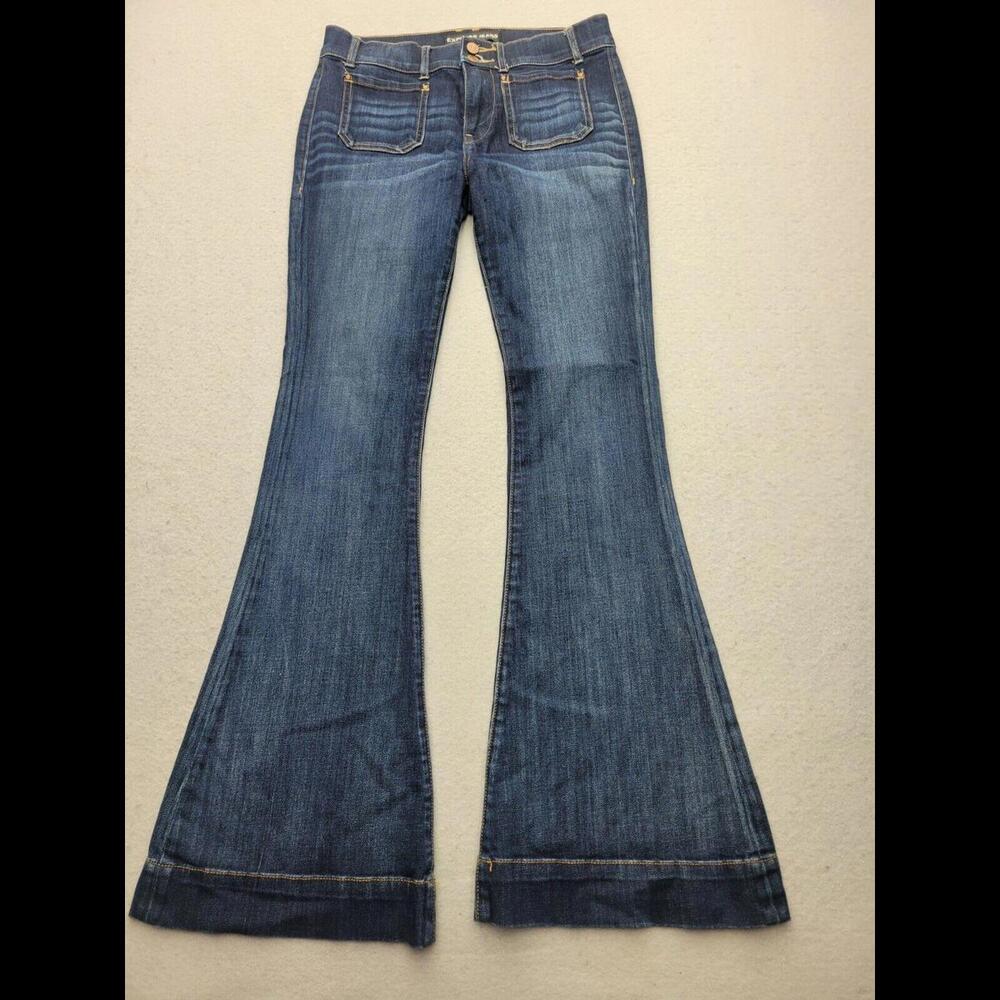 Express Women Jeans 30x34 Blue Flared Dark Wash Cotton Blend Mid Rise Wide Leg